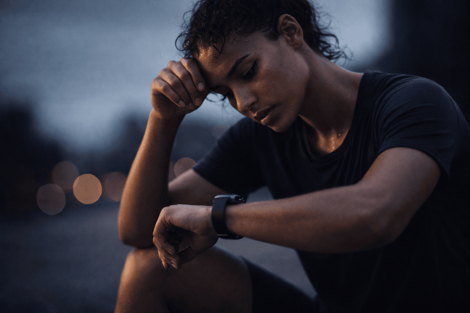 Fatigued athlete looking at watch